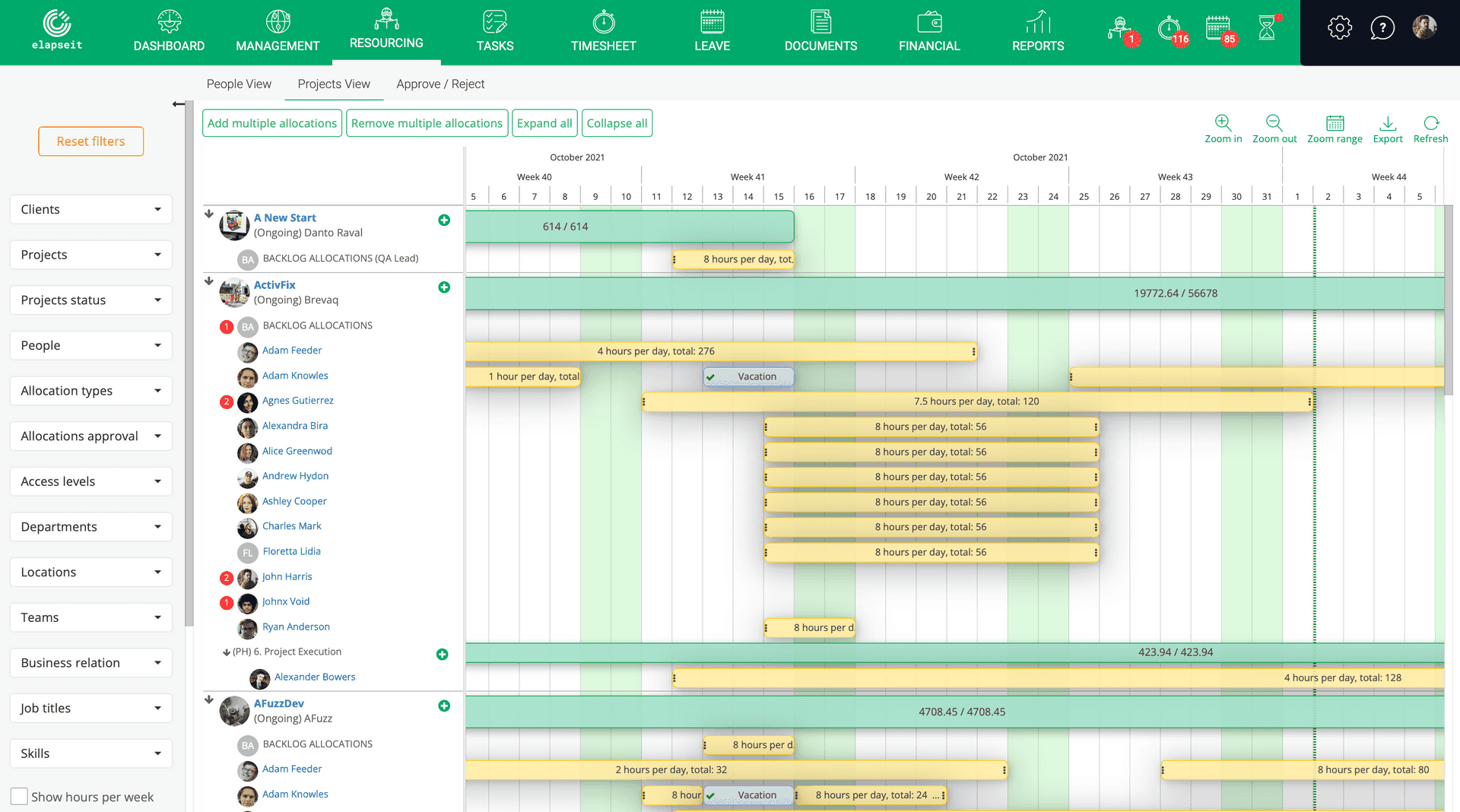 Widok Projektu w elapseit Resource Planner pokazuje alokacje na każdym projekcie.