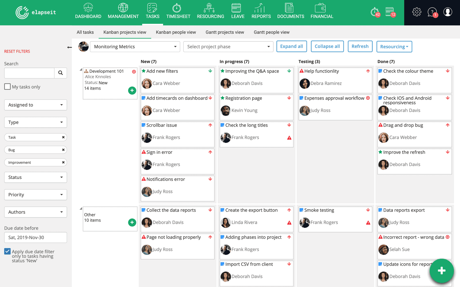 Widok projektu Kanban w elapseit