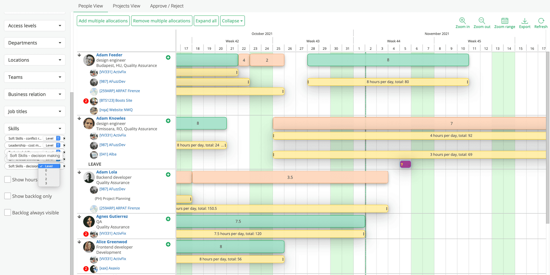 Dokonaj wyboru umiejętności w plannerze zasobów, a następnie przydziel zasoby do swoich projektów.