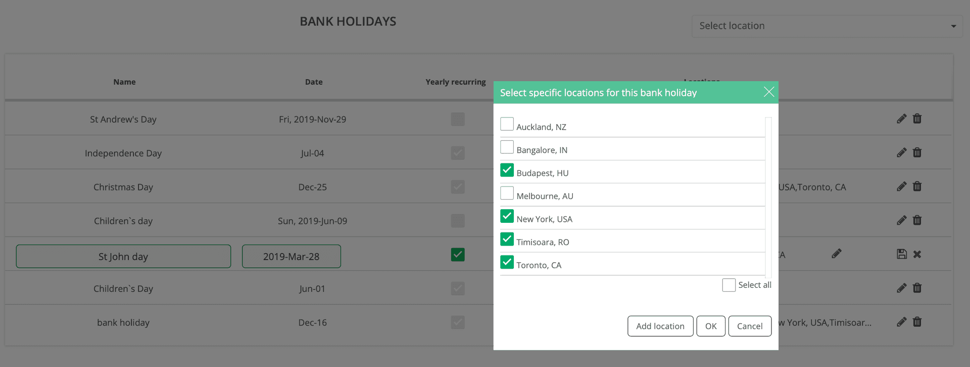 Dodaj dni wolne od pracy specyficzne dla każdej lokalizacji.